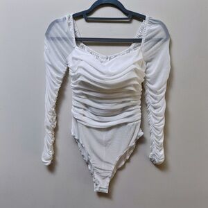 White Ruched Long Sleeve Bodysuit